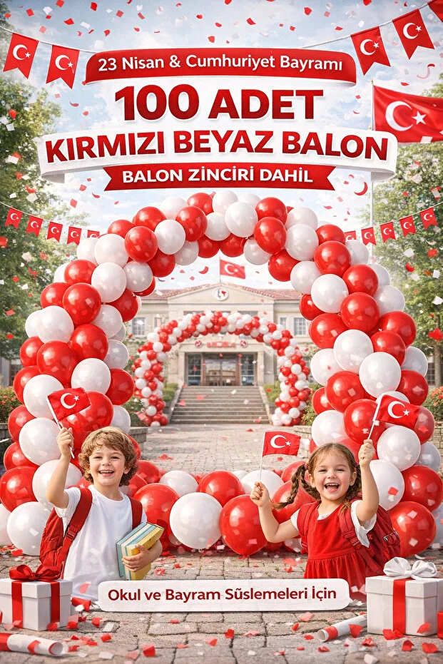 Kırmızı Beyaz Balon 100 Adet + Balon Zinciri – 23 Nisan ve Cumhuriyet Bayramı Süsleme Seti